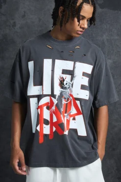 Trippie Redd Oversized Extended Neck Heavyweight Washed Life T-shirt | UK^boohooMAN Clearance
