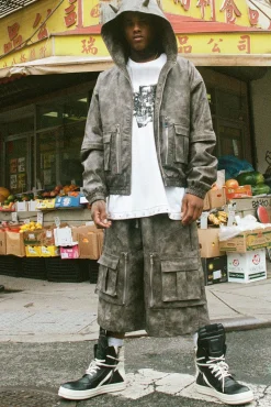 boohooMAN Trippie Redd Relaxed Longline Washed PU Cargo Jorts In | UK| Shorts