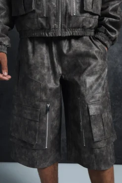 boohooMAN Trippie Redd Relaxed Longline Washed PU Cargo Jorts In | UK| Shorts