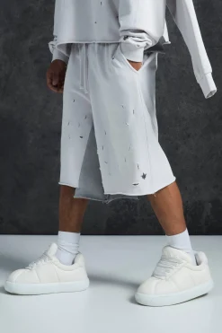 boohooMAN Trippie Redd Relaxed Washed & Distressed Double Waistband Long Length Short | UK| Shorts