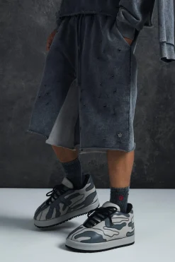 boohooMAN Trippie Redd Relaxed Washed & Distressed Double Waistband Long Length Short | UK| Shorts