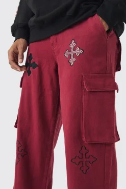 boohooMAN Twill Fixed Waist Relaxed Cross Applique Cargo Trousers | UK| Trousers|Cargos