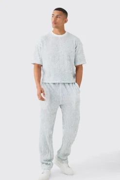 boohooMAN Two Tone Boxy Ripple Pleated T-shirt & Trouser | UK| Sets & Co-Ords