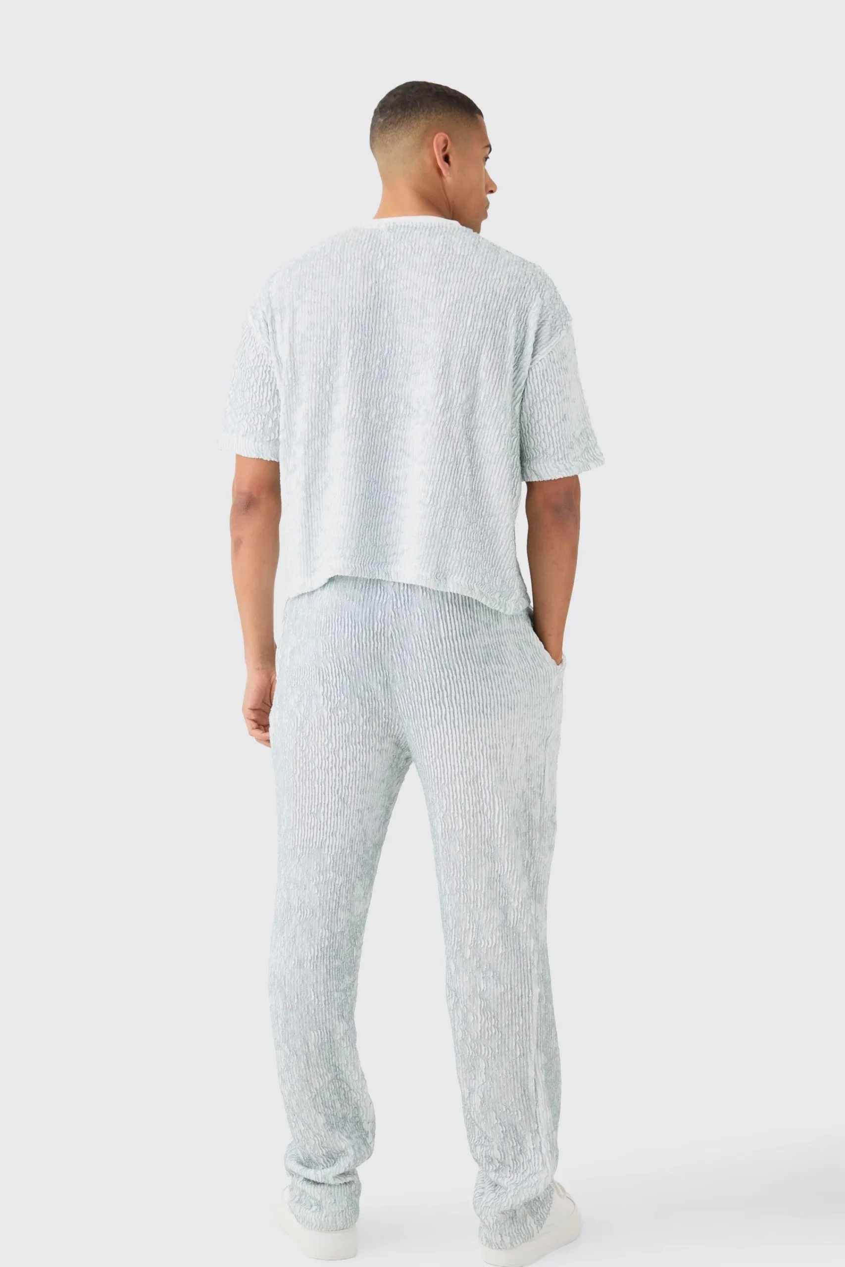 boohooMAN Two Tone Boxy Ripple Pleated T-shirt & Trouser | UK| Sets & Co-Ords