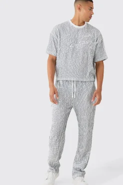 boohooMAN Two Tone Boxy Ripple Pleated T-shirt & Trouser | UK| Sets & Co-Ords