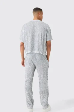 boohooMAN Two Tone Boxy Ripple Pleated T-shirt & Trouser | UK| Sets & Co-Ords