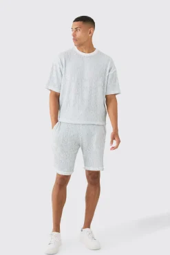 boohooMAN Two Tone Boxy Ripple Pleated T-shirt And Short | UK| Tracksuits