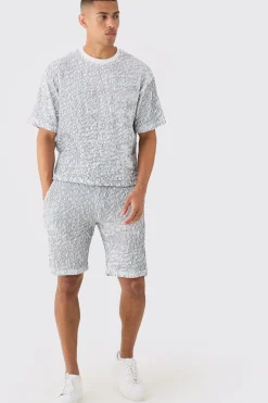 boohooMAN Two Tone Boxy Ripple Pleated T-shirt And Short | UK| Tracksuits