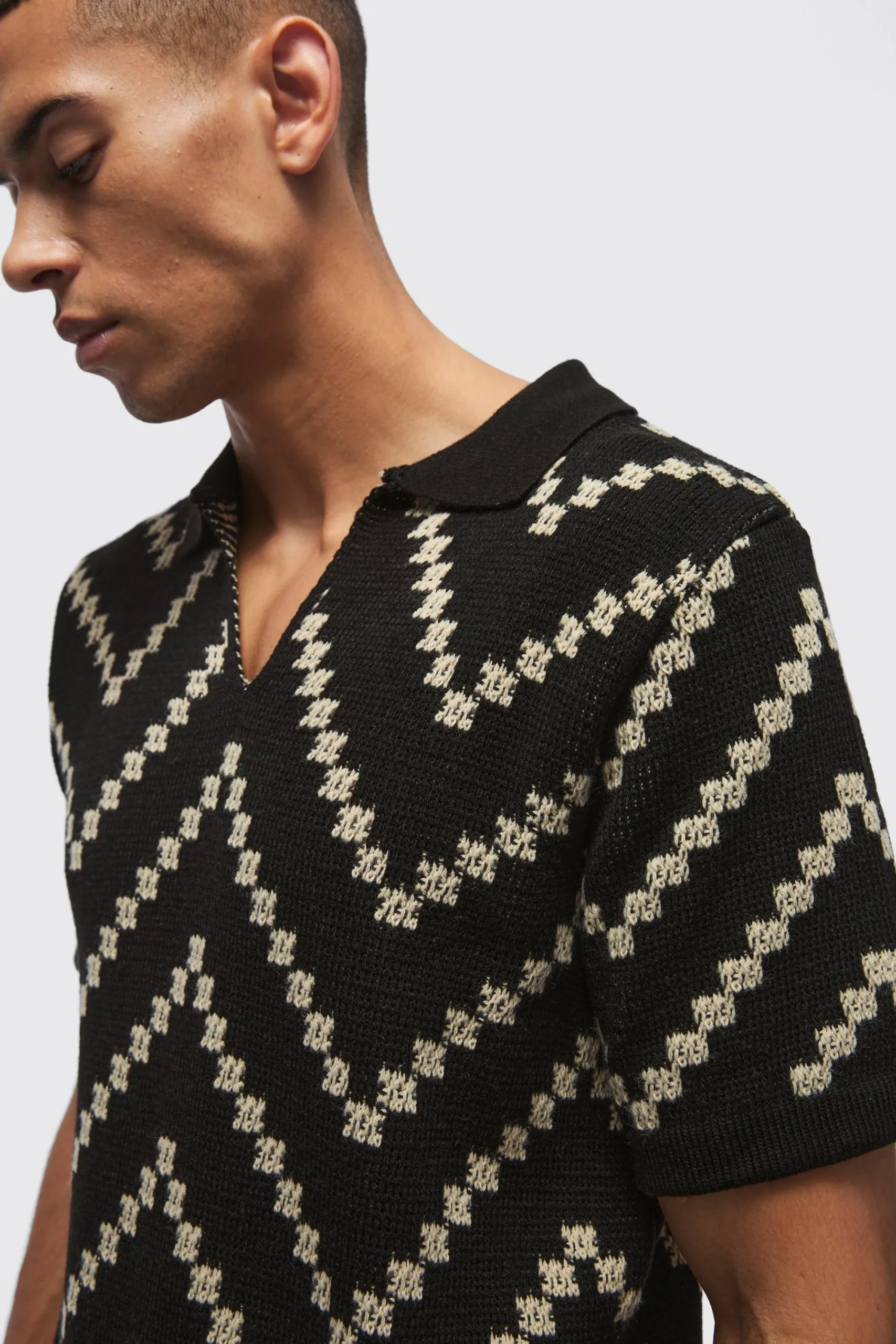 boohooMAN V Neck Stripe Knit Polo | UK| Knitwear