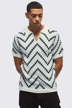 boohooMAN V Neck Stripe Knit Polo | UK| Knitwear