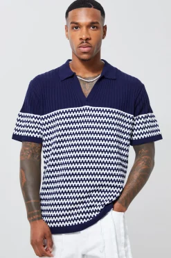 V Neck Striped Knitted Polo | UK^boohooMAN Online