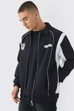 boohooMAN Varsity Embroidered Jersey Harrington Jacket | UK| Coats & Jackets