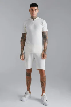 boohooMAN Waffle Bomber Neck 1/4 Zip Polo And Short Set | UK| Sets & Co-Ords|Tracksuits