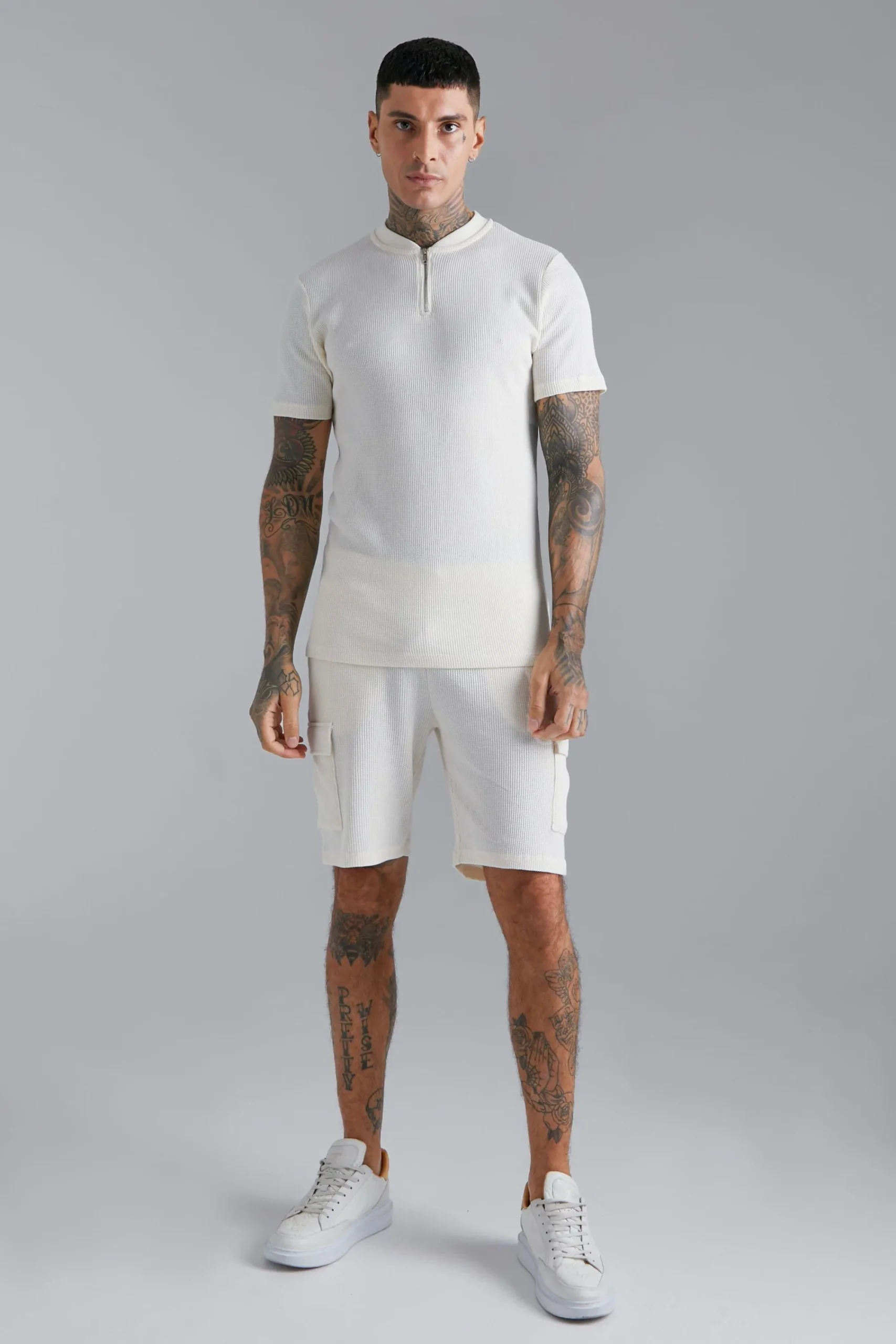 boohooMAN Waffle Bomber Neck 1/4 Zip Polo And Short Set | UK| Sets & Co-Ords|Tracksuits