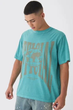 Washed Official Globe Print T-Shirt | UK^boohooMAN Discount