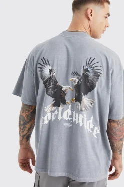Washed Oversized Extended Neck Eagle Graphic T-shirt | UK^boohooMAN Online