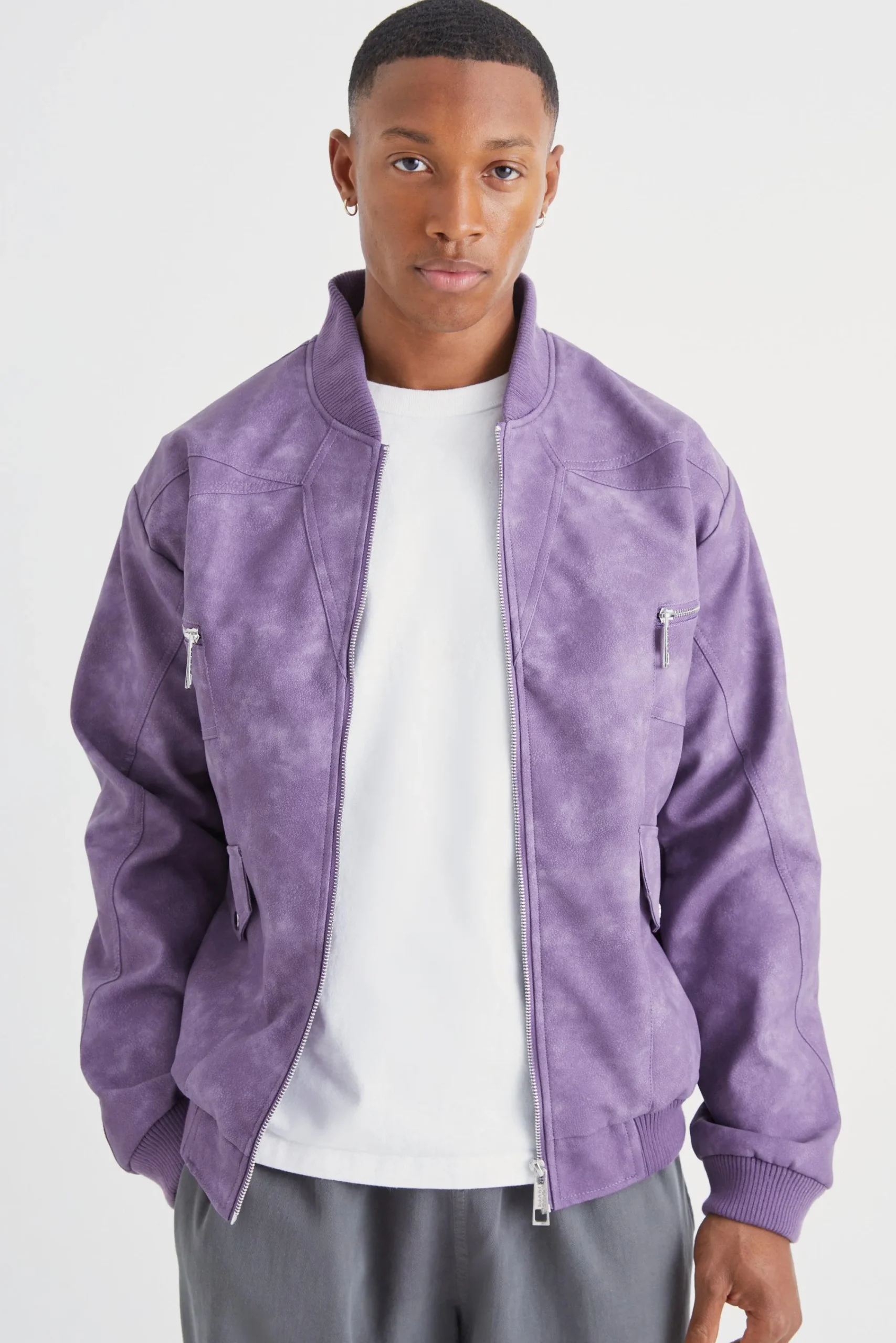 boohooMAN Washed Pu Panel Detail Bomber | UK| Coats & Jackets