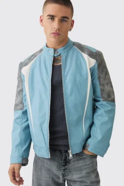 boohooMAN Washed Pu Panel Moto Jacket In | UK| Coats & Jackets