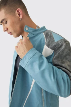 boohooMAN Washed Pu Panel Moto Jacket In | UK| Coats & Jackets