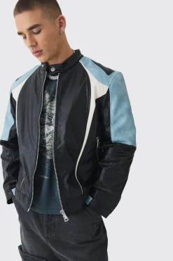 boohooMAN Washed Pu Panel Moto Jacket In | UK| Coats & Jackets