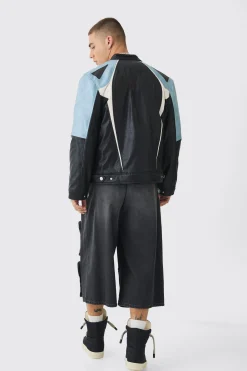 boohooMAN Washed Pu Panel Moto Jacket In | UK| Coats & Jackets