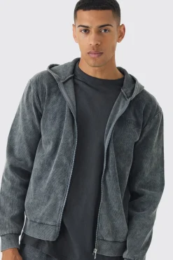 boohooMAN Washed Rib Man Embroidered Zip Through Hoodie | UK| Hoodies & Sweatshirts