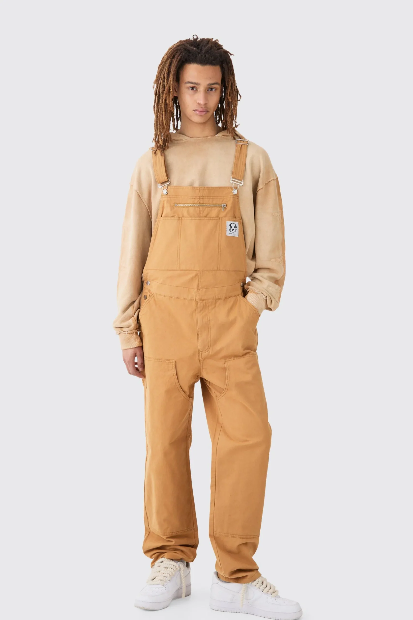 boohooMAN Washed Twill Branded Zip Carpenter Relaxed Fit Dungarees | UK| Trousers|Cargos