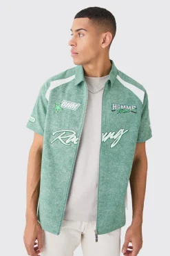 boohooMAN Washed Twill Moto Badge Zip Shirt | UK| Shirts