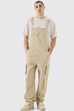 boohooMAN Washed Twill Multi Cargo Pocket Relaxed Fit Dungarees | UK| Trousers|Cargos