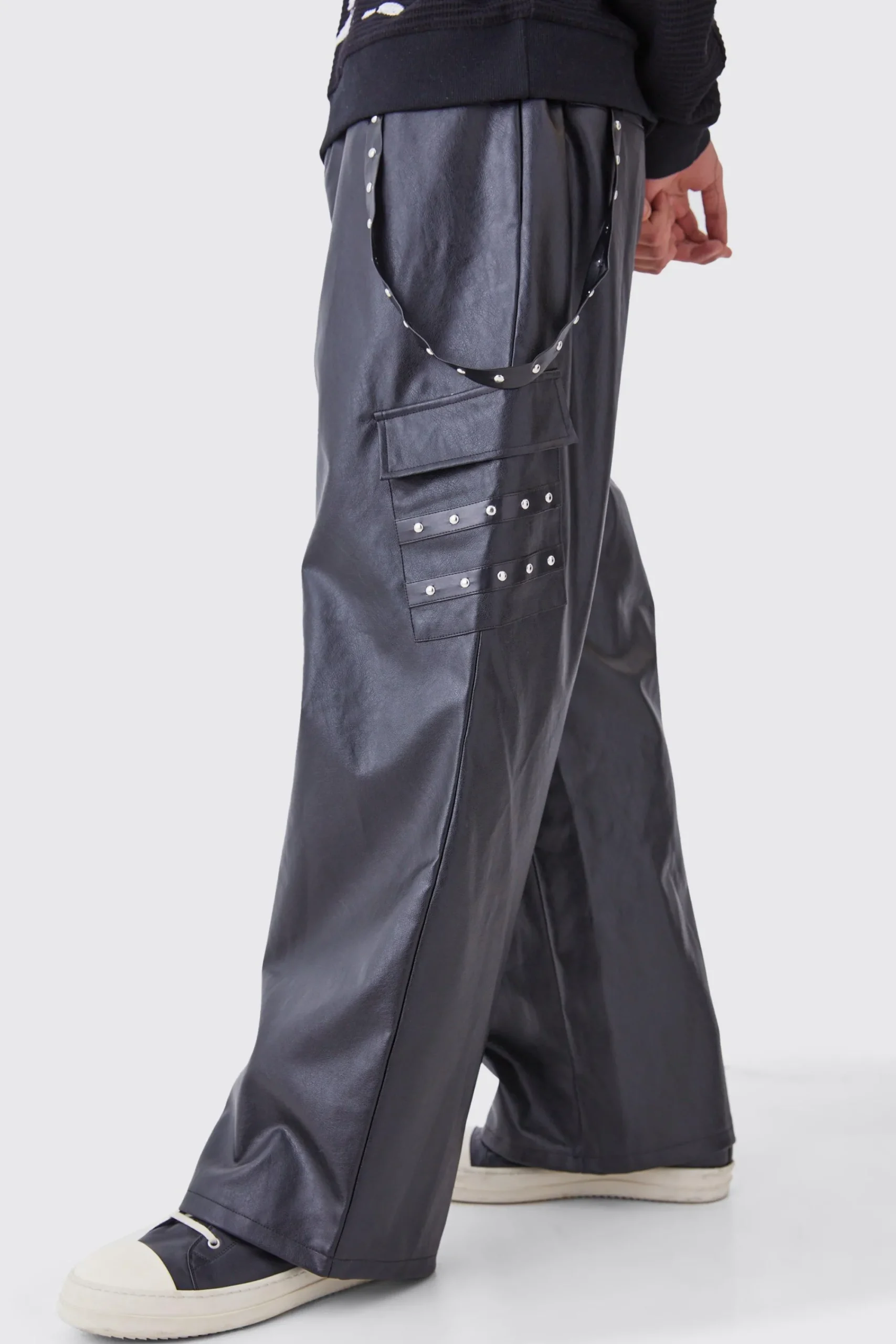 boohooMAN Wide Leg Elasticated Waist Pu Trouser | UK| Trousers