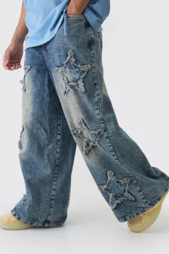 boohooMAN Wide Leg Rigid Star Distressed Applique Jeans | UK| Trousers|Jeans