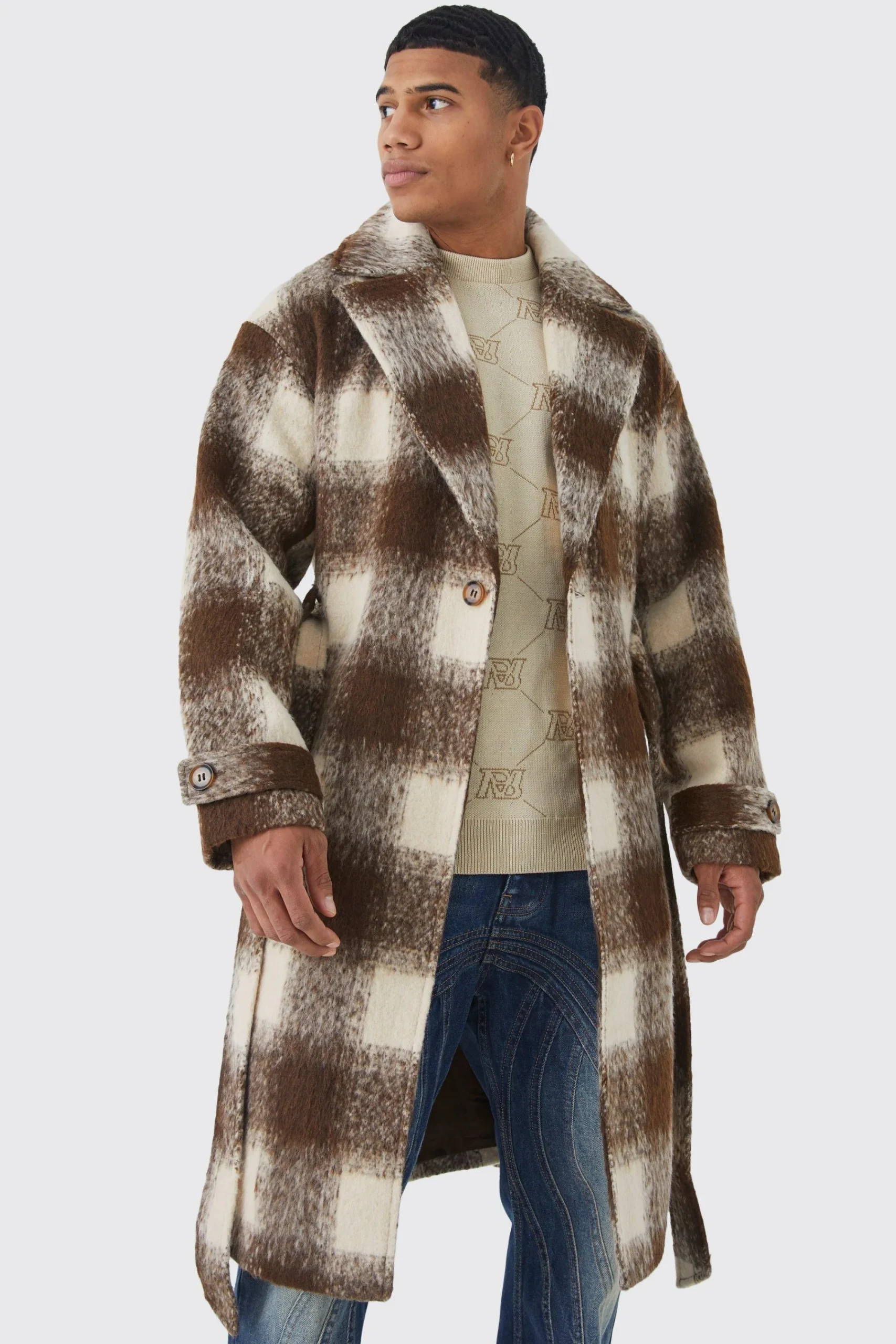 boohooMAN Wool Look Check Belted Overcoat | UK| Coats & Jackets