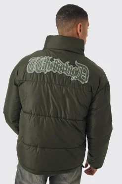 boohooMAN Worldwide Applique Funnel Neck Puffer In | UK| Coats & Jackets