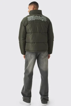 boohooMAN Worldwide Applique Funnel Neck Puffer In | UK| Coats & Jackets