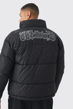 boohooMAN Worldwide Applique Funnel Neck Puffer In | UK| Coats & Jackets