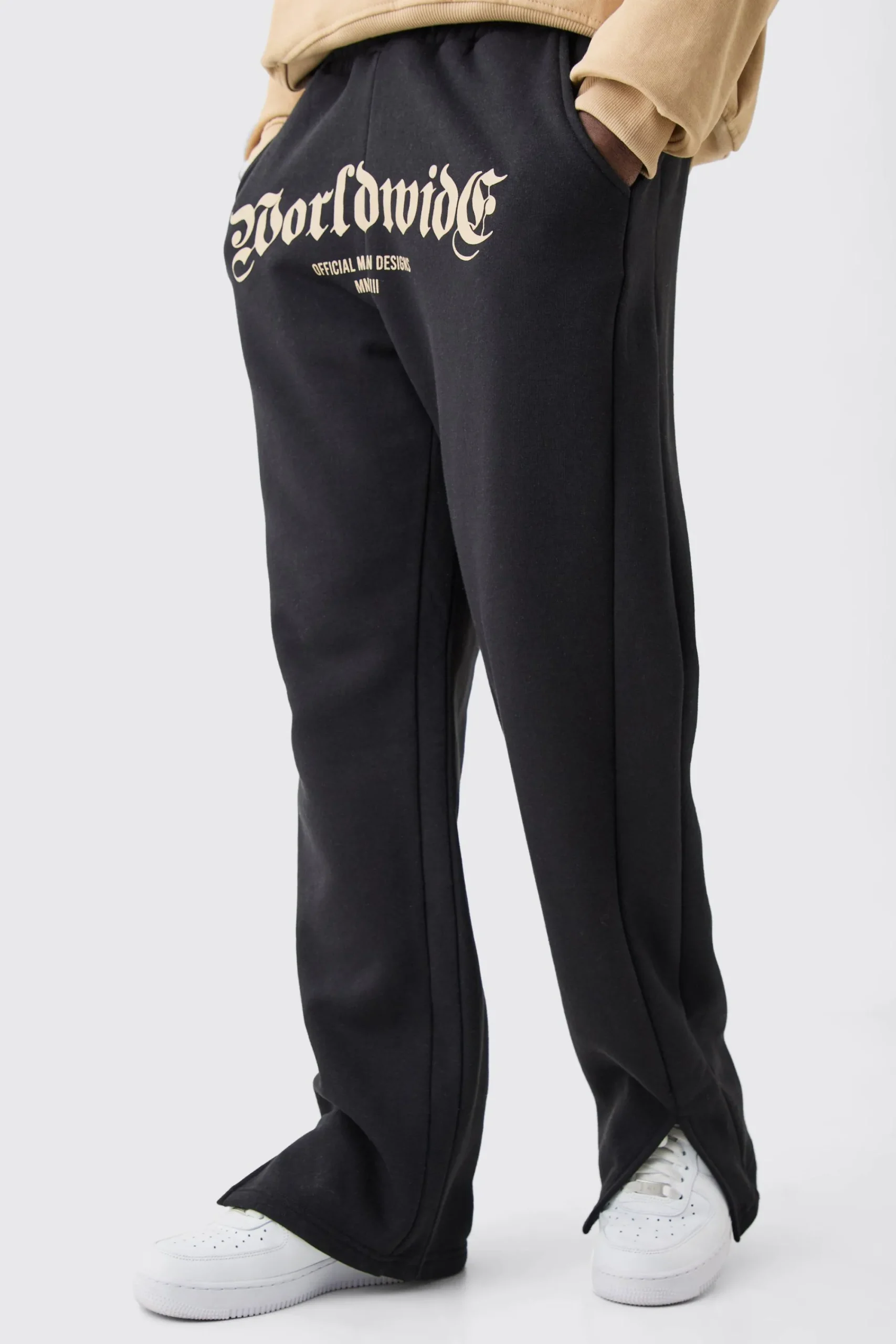 boohooMAN Worldwide Crotch Print Split Hem Gusset Jogger | UK| Trousers|Joggers