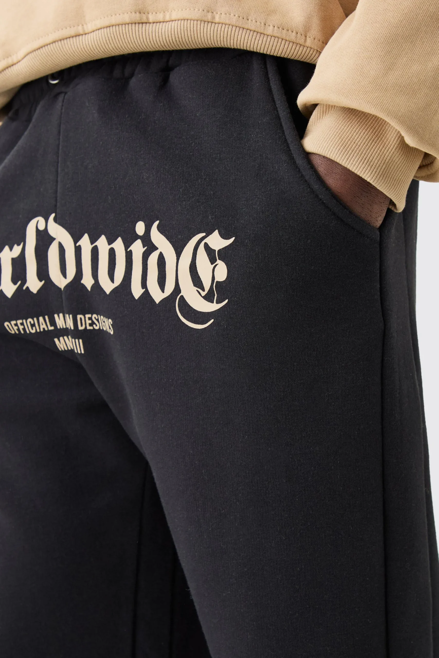 boohooMAN Worldwide Crotch Print Split Hem Gusset Jogger | UK| Trousers|Joggers