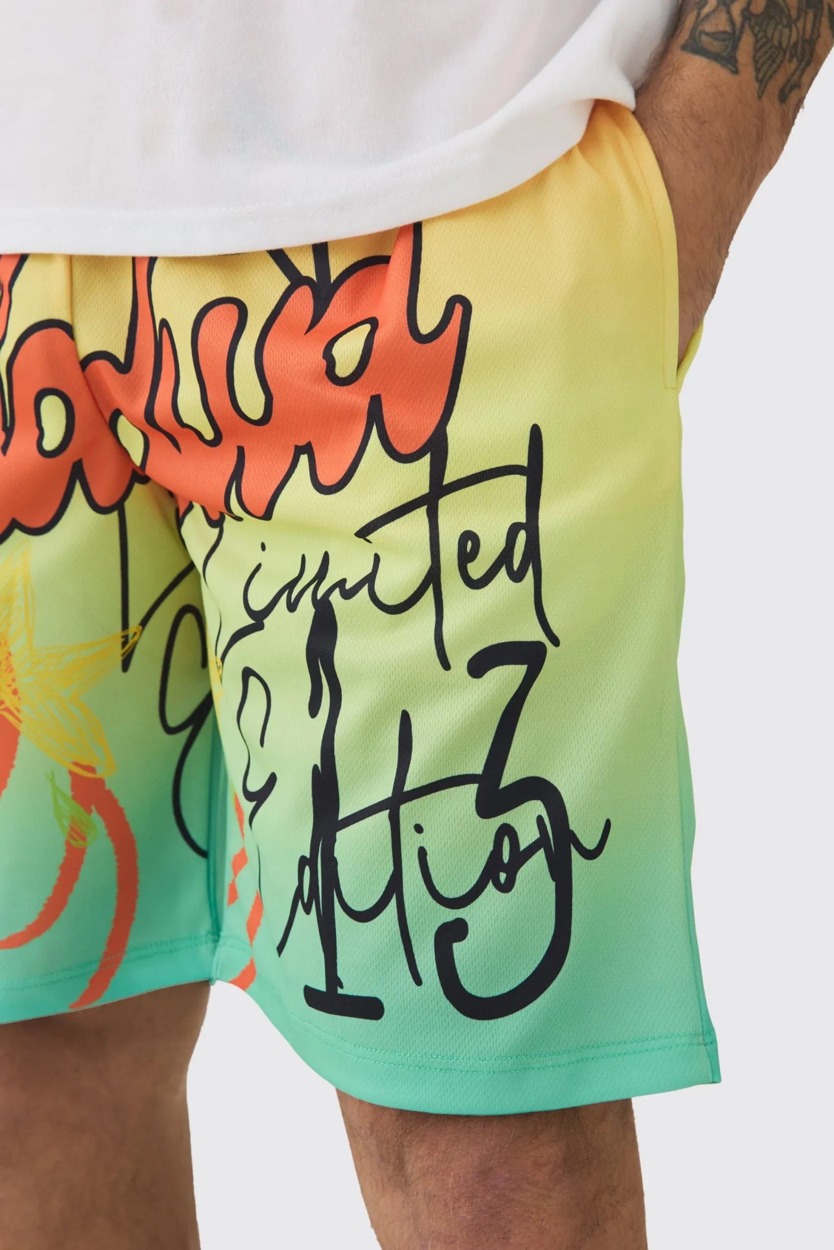 boohooMAN Worldwide Graffiti Mesh Mid Length Basketball Shorts | UK| Shorts