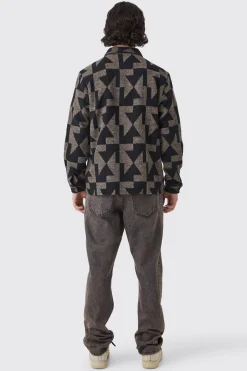boohooMAN Zip Through Brushed Geometric Overshirt | UK| Shirts